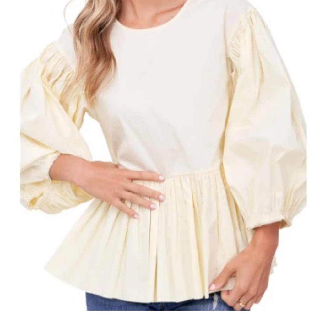 💛🩶💛En Saison Yellow Blouse with Exaggerated Balloon Sleeves & Peplum Hem -M